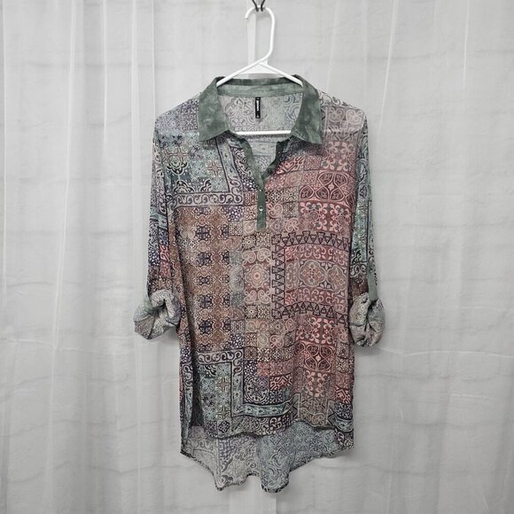 Smash! Green Pink Boho Sheer Tunic Blouse Roll Tab Hi-Low L - Picture 9 of 11